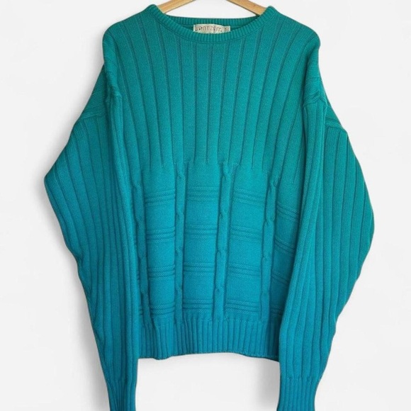 Vintage Jantzen Chunky Knit Aqua Teal Combed Cotton Sweater - Picture 2 of 8